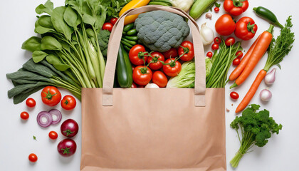Overhead view of shopping bag filled with a variety of vegetables, promoting food delivery and...