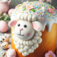 Close-up of a traditional Easter lamb cake decorated with icing and pastel-colored sprinkles Sweet and delightful Perfect for Easter dessert-themed designs 