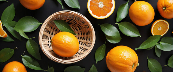 Basket with oranges on plain black background from Generative AI