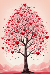 Red Heart-Shaped Ornaments on Tree with Unique Polygonal Style, Beautifully Capturing Love and Festivity