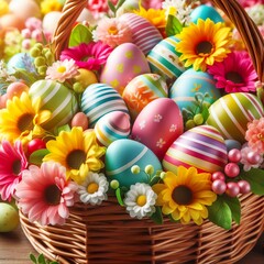 Close-up of a vibrant Easter basket filled with colorful eggs and spring flowers Joyful and festive Perfect for Easter-themed designs 