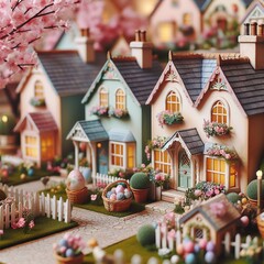 Close-up of a quaint Easter village scene with pastel-colored cottages and blooming gardens Charming and nostalgic Perfect for creating a whimsical Easter atmosphere 