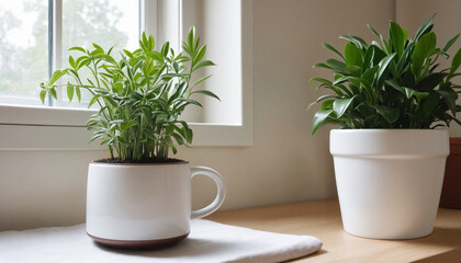 White mug on a table with potted plants in the background
