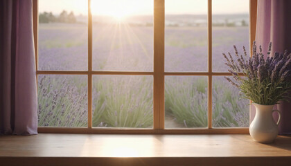 Sunny table setting with lavender flower and window, blurred background