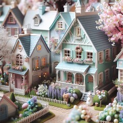 Close-up of a quaint Easter village scene with pastel-colored cottages and blooming gardens Charming and nostalgic Perfect for creating a whimsical Easter atmosphere 