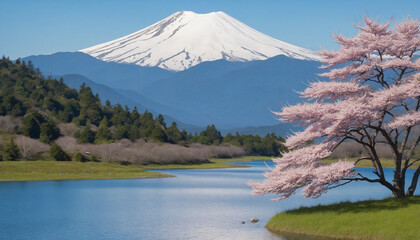 Fototapeta premium Cherry blossoms, trees, Japanese spring, mountains, snow