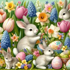 Close-up of a whimsical Easter bunny garden party with rabbits frolicking amidst blooming tulips, daffodils, and hyacinths Playful and charming Perfect for Easter party invitations 