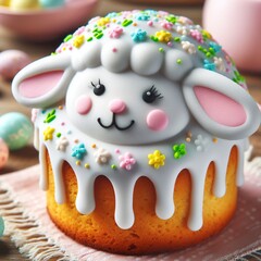 Close-up of a traditional Easter lamb cake decorated with icing and pastel-colored sprinkles Sweet and delightful Perfect for Easter dessert-themed designs 