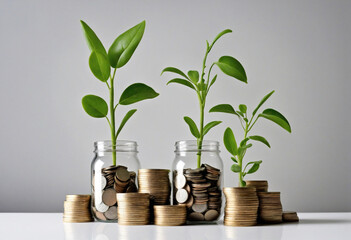 Fototapeta na wymiar Financial Growth Phases Illustrated by Coins and Plant in Jars