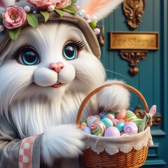 Close-up of a whimsical Easter bunny delivering baskets filled with candy and treats to children's doorsteps Magical and heartwarming Adds a touch of fantasy to Easter designs 