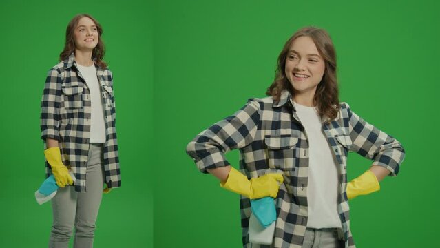 2-in-1 Split Green Screen Montage.A Smiling Young Woman in Yellow Protective Rubber Gloves,Holding a Cleaning Spray Bottle and Rag,Satisfied with the Result of Her Cleaning.Smart Cleaning Technology.