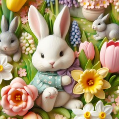 Close-up of a whimsical Easter bunny garden party with rabbits frolicking amidst blooming tulips, daffodils, and hyacinths Playful and charming Perfect for Easter party invitations 