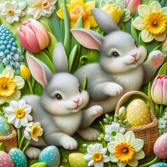 Close-up of a whimsical Easter bunny garden party with rabbits frolicking amidst blooming tulips, daffodils, and hyacinths Playful and charming Perfect for Easter party invitations 