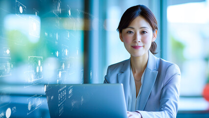 Futuristic businesswoman analyzing data holograms. I-powered corporate strategist amidst digital networks.