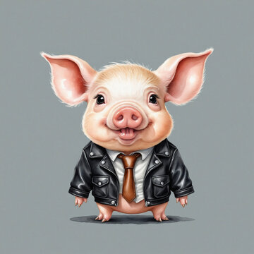 Adorable Pig Watercolor Clipart with Curly Tail and Leather Jacket AI Generated