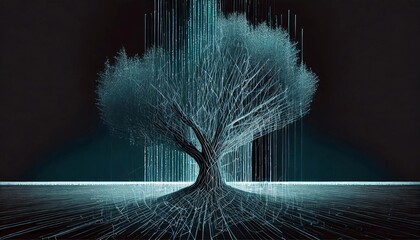 Futuristic Digital Data Tree: Tree with energy source and Tech-Inspired on a dark background.