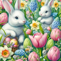 Close-up of a whimsical Easter bunny garden party with rabbits frolicking amidst blooming tulips, daffodils, and hyacinths Playful and charming Perfect for Easter party invitations 
