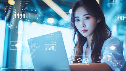 Futuristic businesswoman analyzing data holograms. I-powered corporate strategist amidst digital networks.