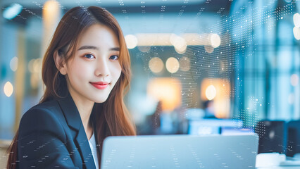 Futuristic businesswoman analyzing data holograms. I-powered corporate strategist amidst digital networks.