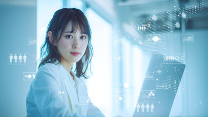 Futuristic businesswoman analyzing data holograms. I-powered corporate strategist amidst digital networks.
