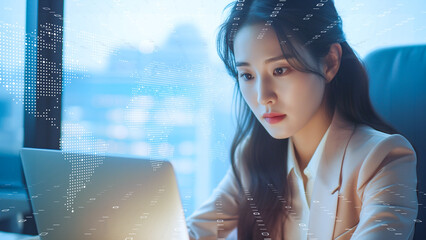 Futuristic businesswoman analyzing data holograms. I-powered corporate strategist amidst digital networks.