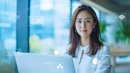 Futuristic businesswoman analyzing data holograms. I-powered corporate strategist amidst digital networks.