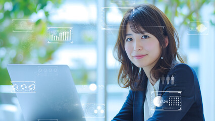 Futuristic businesswoman analyzing data holograms. I-powered corporate strategist amidst digital networks.