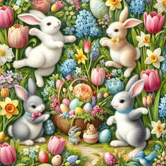 Close-up of a whimsical Easter bunny garden party with rabbits frolicking amidst blooming tulips, daffodils, and hyacinths Playful and charming Perfect for Easter party invitations 