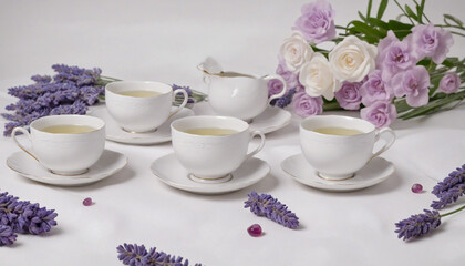Fototapeta na wymiar Lavender Fields and Floral Teacups on White Canvas
