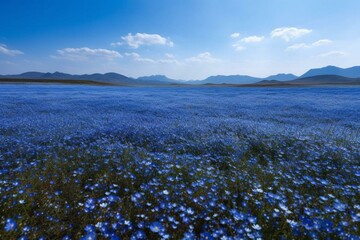 Vast expanse filled with countless blue flowers. Generative AI - obrazy, fototapety, plakaty