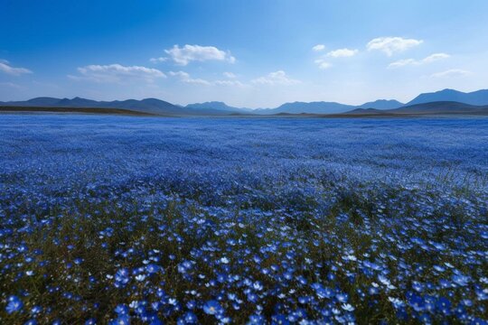 Vast expanse filled with countless blue flowers. Generative AI