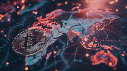 Bitcoin on Global Map With Digital Connections - obrazy, fototapety, plakaty