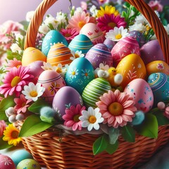 Close-up of a vibrant Easter basket filled with colorful eggs and spring flowers Joyful and festive Perfect for Easter-themed designs 