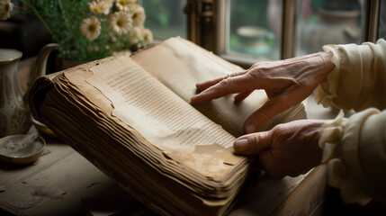 Hands Turning Pages of Vintage Book
