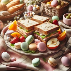 Close-up of a rustic Easter picnic spread on a checkered blanket, featuring homemade sandwiches, fresh fruits, and pastel-colored macarons Cozy and inviting Perfect for Easter picnic-themed designs 
