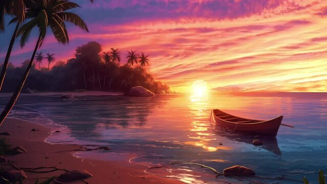 Animated illustration of a lifeboat and sunset on the beach in the afternoon. Cartoon or digital painting style illustration. 4k loop animation background.