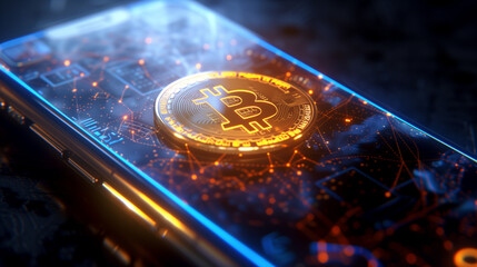 Close-up of Cell Phone With Bitcoin Hologram