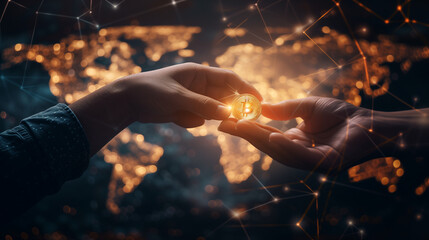 Hands Exchanging Bitcoin Over World Map