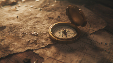 Minimalist Compass on Ancient Map, Symbolizing Direction and Discovery