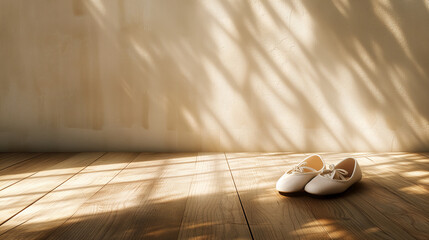 Minimalist White Ballet Slippers on Wooden Stage Floor - obrazy, fototapety, plakaty