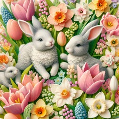Close-up of a whimsical Easter bunny garden party with rabbits frolicking amidst blooming tulips, daffodils, and hyacinths Playful and charming Perfect for Easter party invitations 