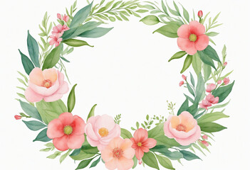 Circular floral and foliage arrangement in watercolors