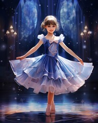 little ballerina in a pale blue dress with a fluffy skirt on stage