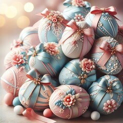 Close-up of a stack of beautifully decorated Easter eggs with ribbons and bows Celebration and renewal Perfect for Easter-related designs 