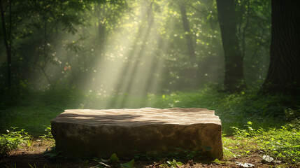 Stone Bench in Forest Clearing - obrazy, fototapety, plakaty