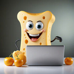 The cheerful cheese mascot is working on his computer.