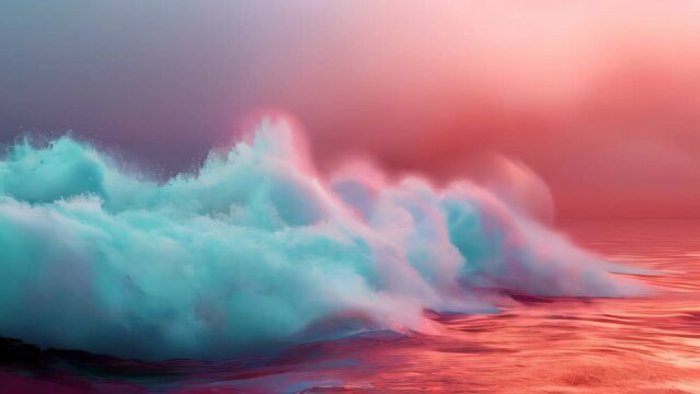 Strong wave movements illuminated by the pink sunset, a seascape that evokes passion and vitality
