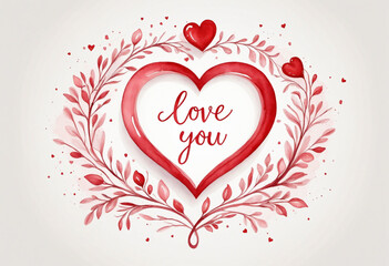 Red  I Love You  Message with Heart Frame on White Background in Watercolor Style