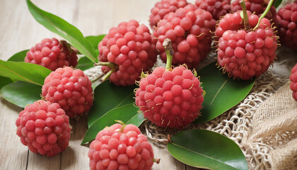 Crimson lychee fruit with copy space on blurred background