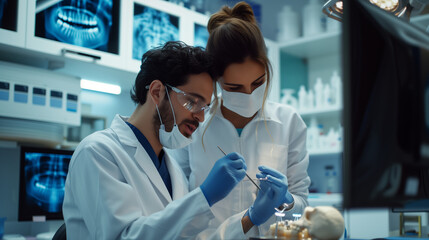 Dentist and Dental Technician Examining Skeleton in Lab